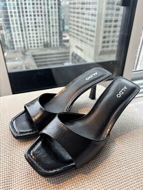 Aldo Black Square Open-Toe Mule Heels